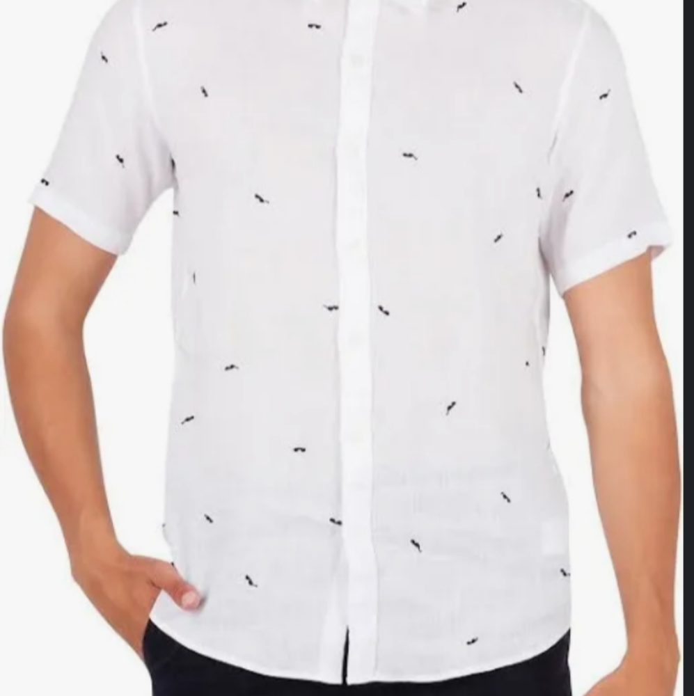 Michael Kors Sunglass-Print Linen Embroidered Button Down Shirt